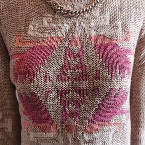 Ralf Lauren Navajo Print Sweater Tan Pastels Cotton Linen Side Slit - Picture 2 of 8